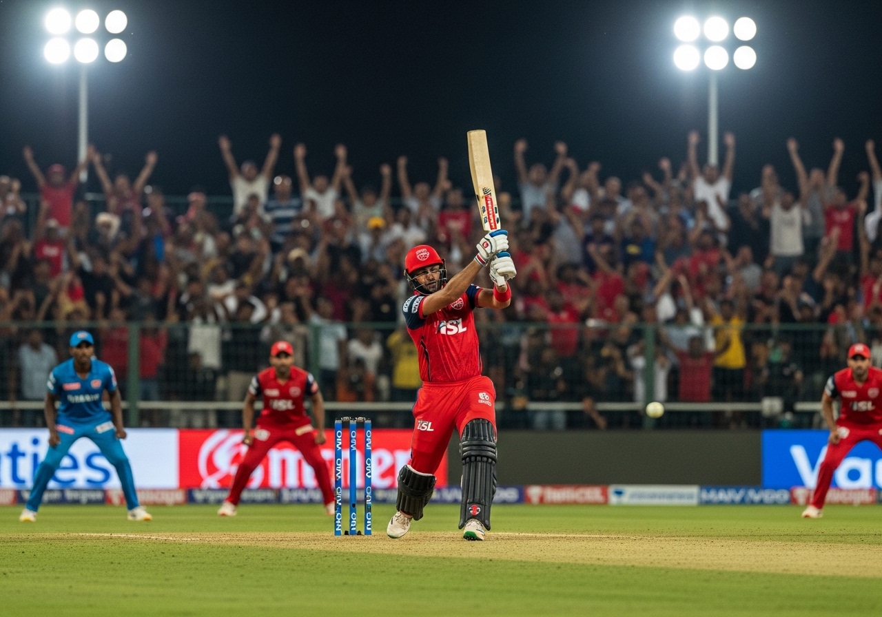 batsman hitting winning shot, crowd cheering, stadium lights