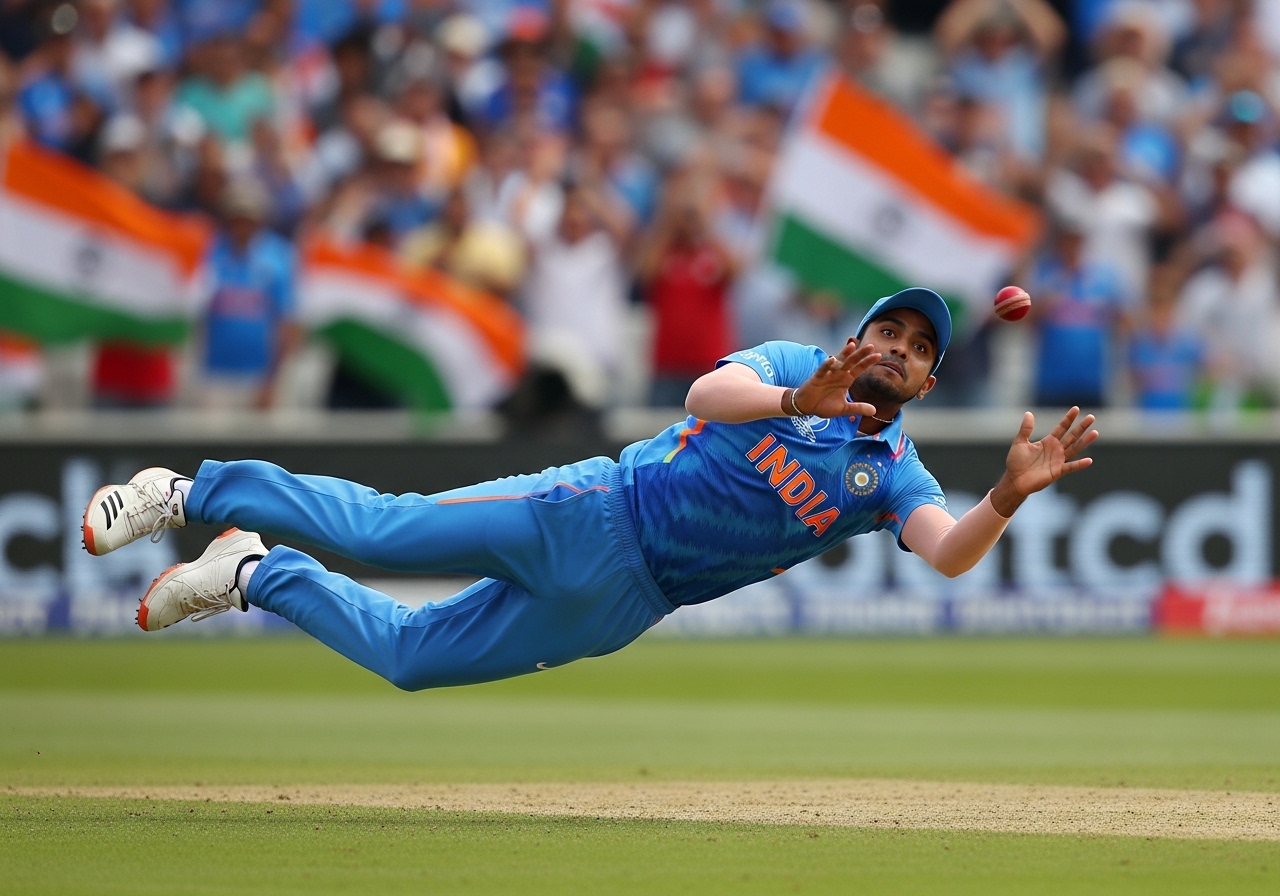 Indian fielder taking an important catch against Zimbabwe in T20 World Cup 2026.