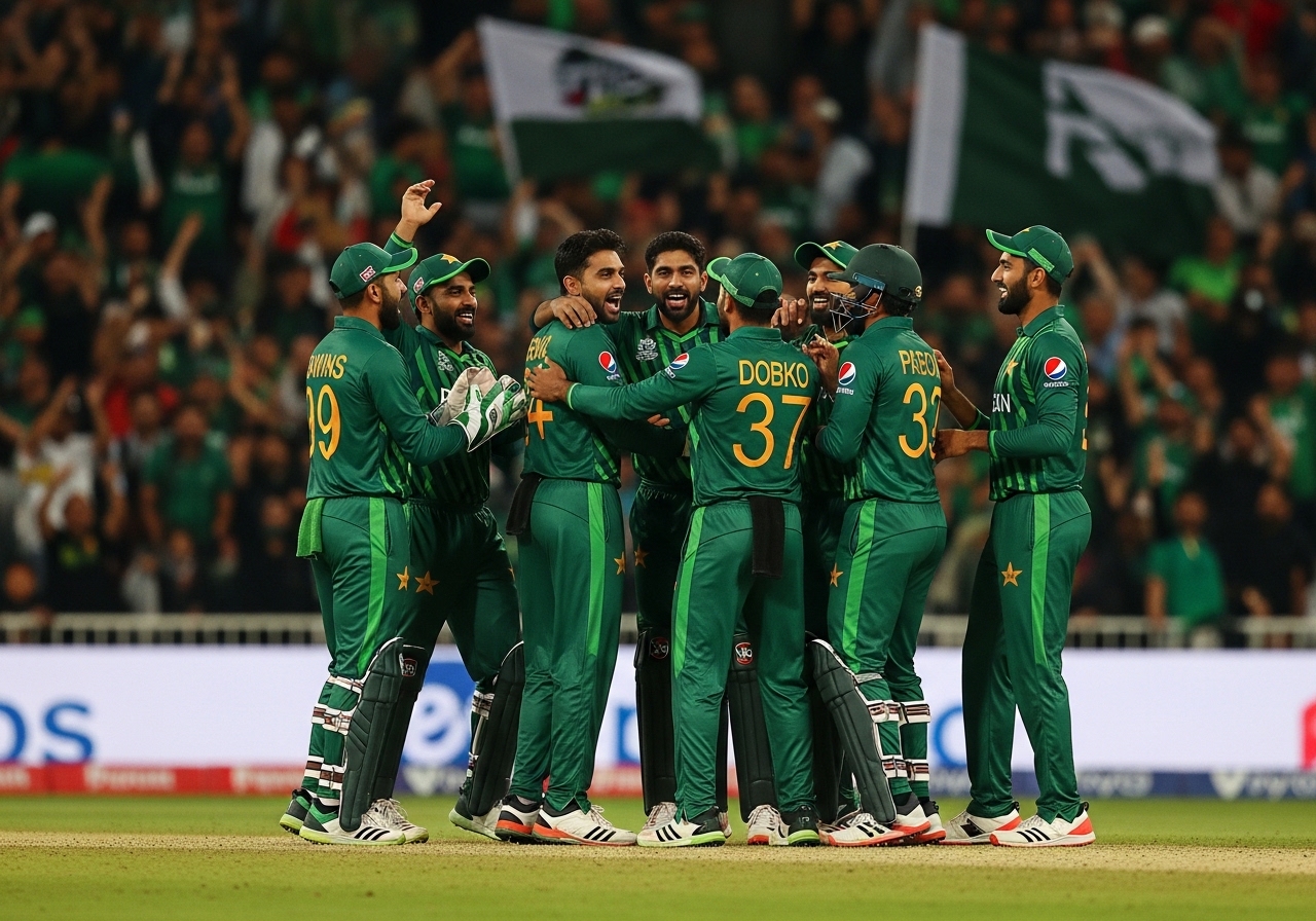 Pakistan cricket team celebrating wicket during T20 World Cup match