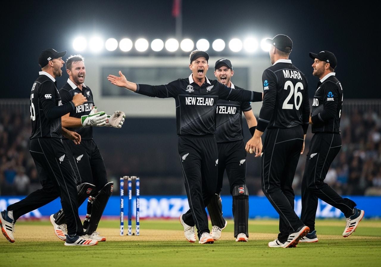 New Zealand players celebrating during World Cup match