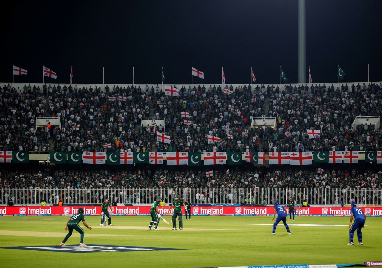 Crowd atmosphere during a Pakistan vs England T20 cricket match in a packed stadium