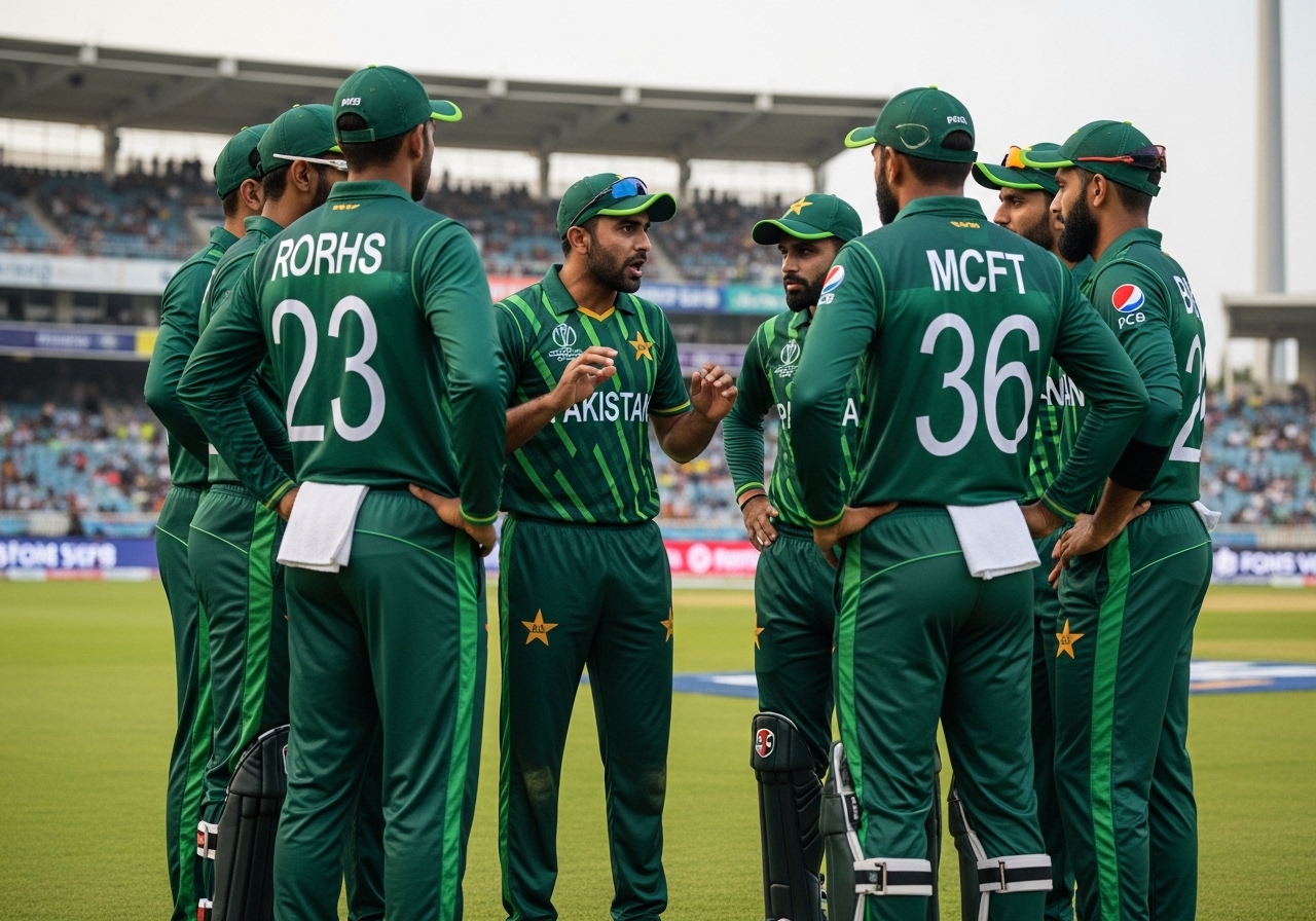 Pakistan team discussing strategy during Bangladesh ODI match