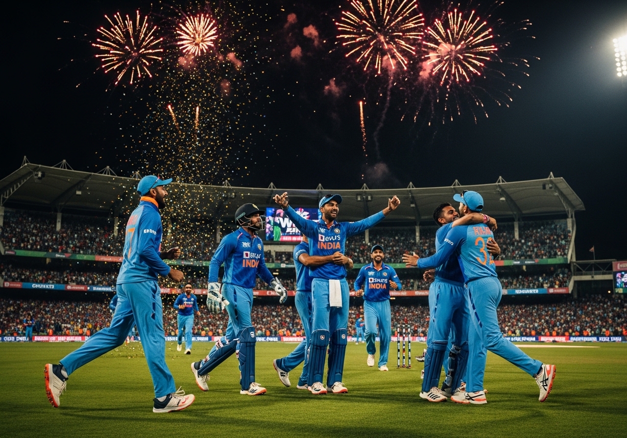 Indian cricket team celebrating after taking the final wicket in ICC T20 World Cup final, players hugging with stadium fireworks and cheering crowd