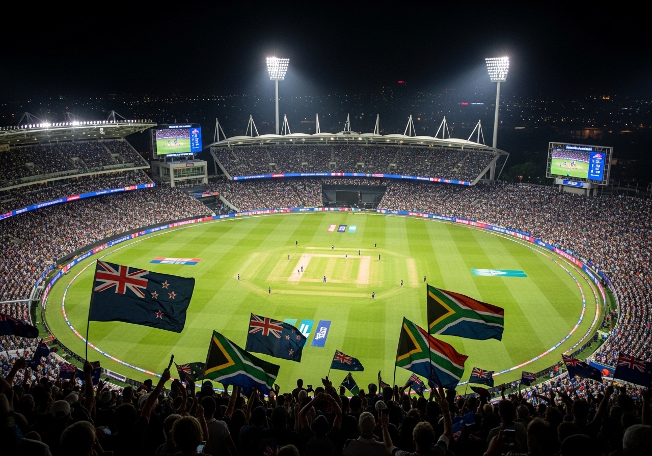 Packed stadium with fans waving New Zealand and South Africa flags