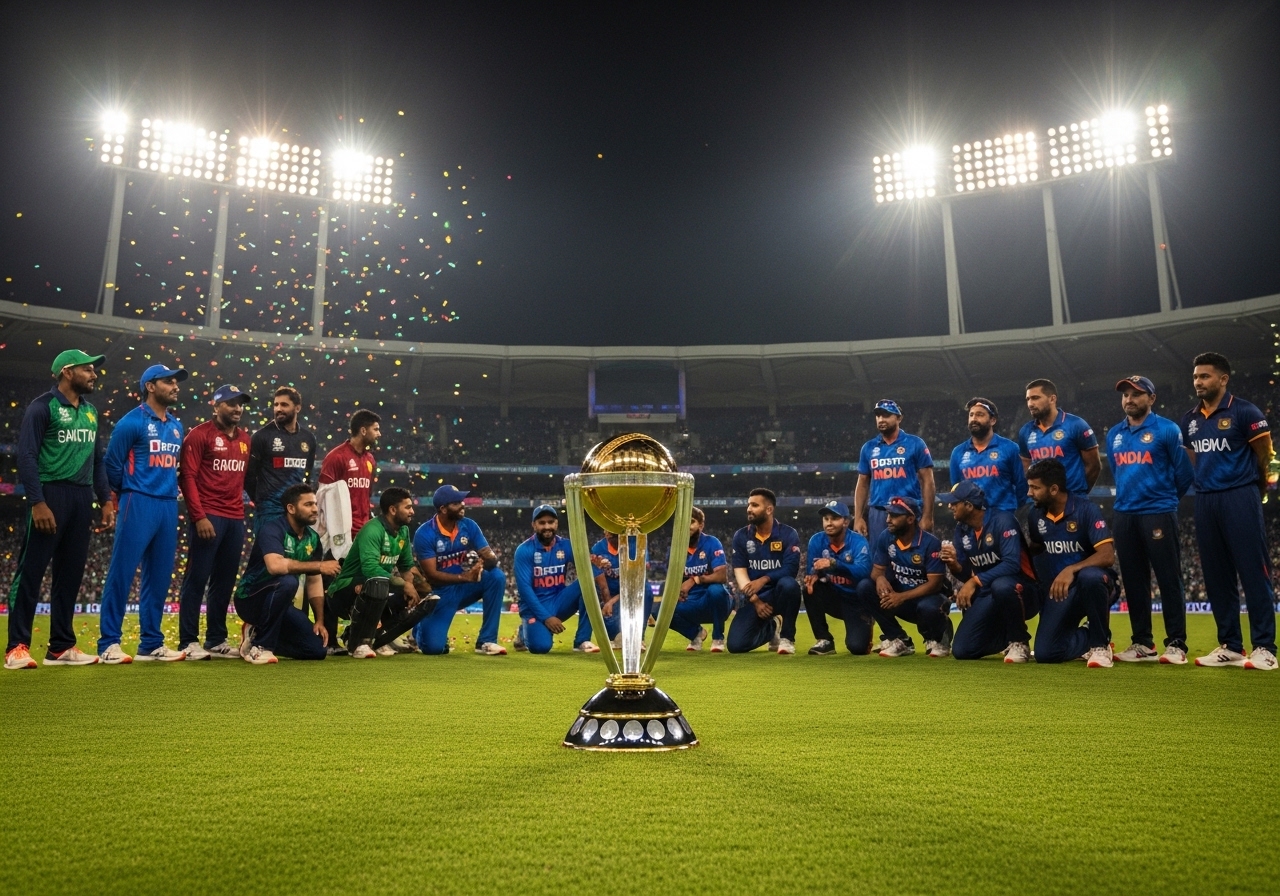 India, Pakistan, and Bangladesh cricket teams posing around a championship trophy in a packed stadium.