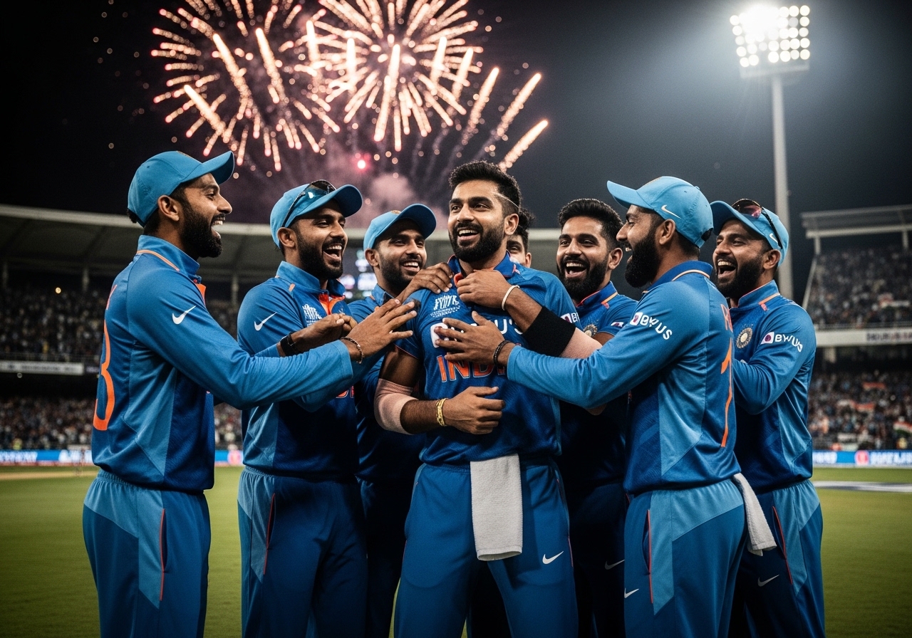 Indian players celebrating a key wicket against Zimbabwe during T20 World Cup 2026