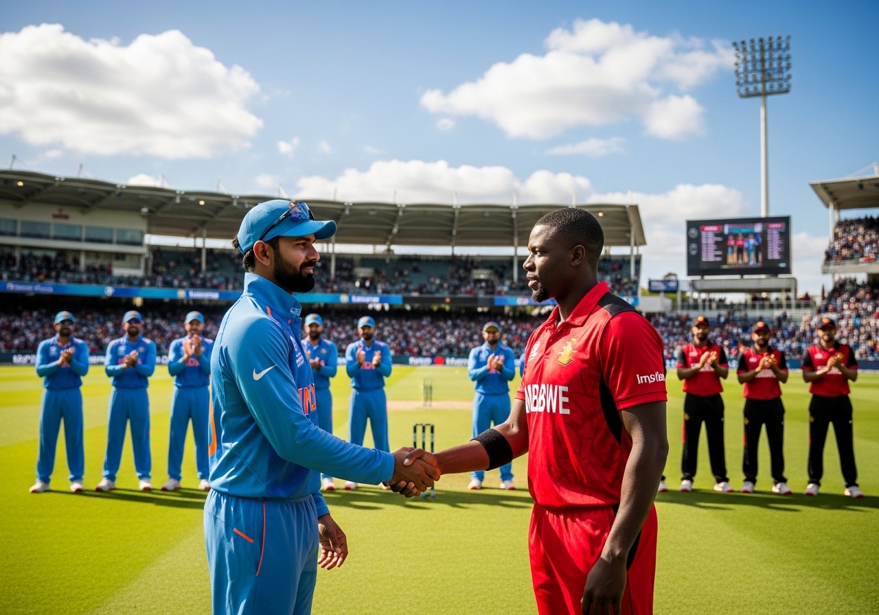 Captains of India and Zimbabwe shaking hands at the toss before their T20 World Cup 2026 match.