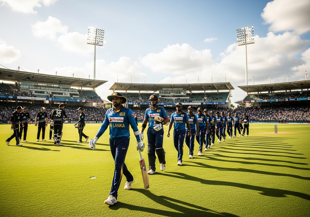 Sri Lanka and New Zealand teams entering the field before match