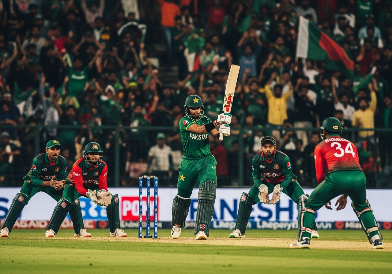 Pakistan vs Bangladesh ODI match with full stadium crowd and players in action