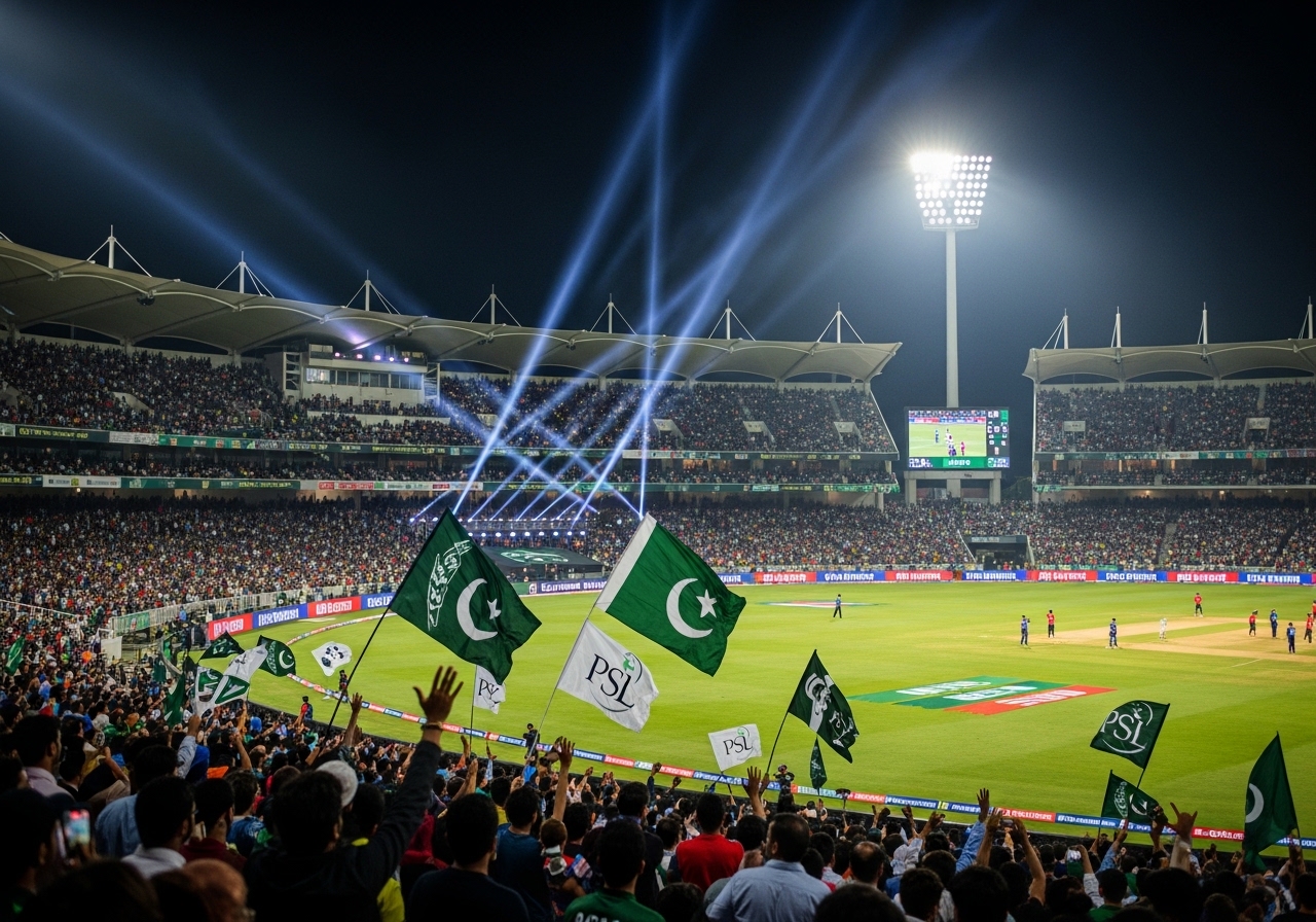 Cricket fans cheering during a Pakistan Super League match in a packed stadium.