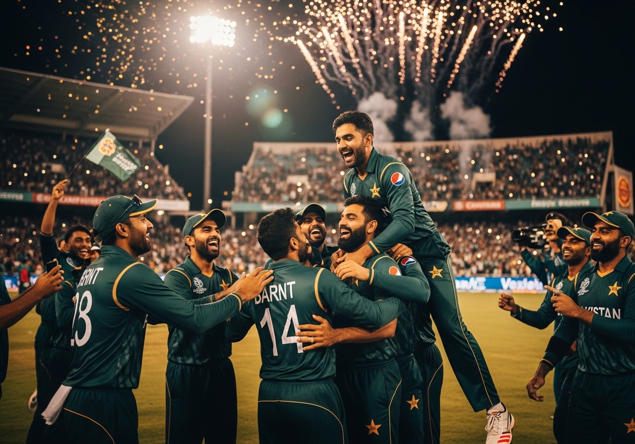 Pakistan cricket team celebrating a thrilling victory against England in a T20 match.