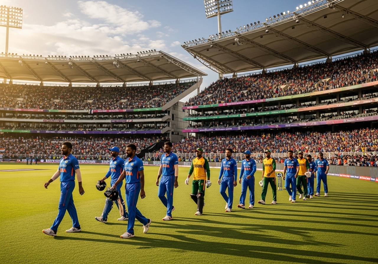 Captains of India and Zimbabwe shaking hands at the toss before their T20 World Cup 2026 match