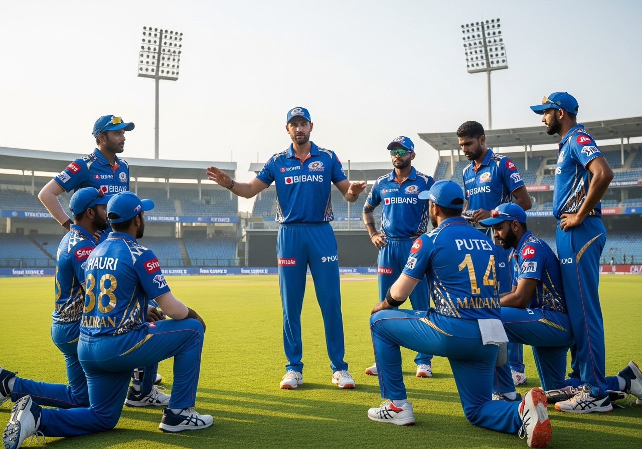 cricket captain setting field, players discussing strategy on ground