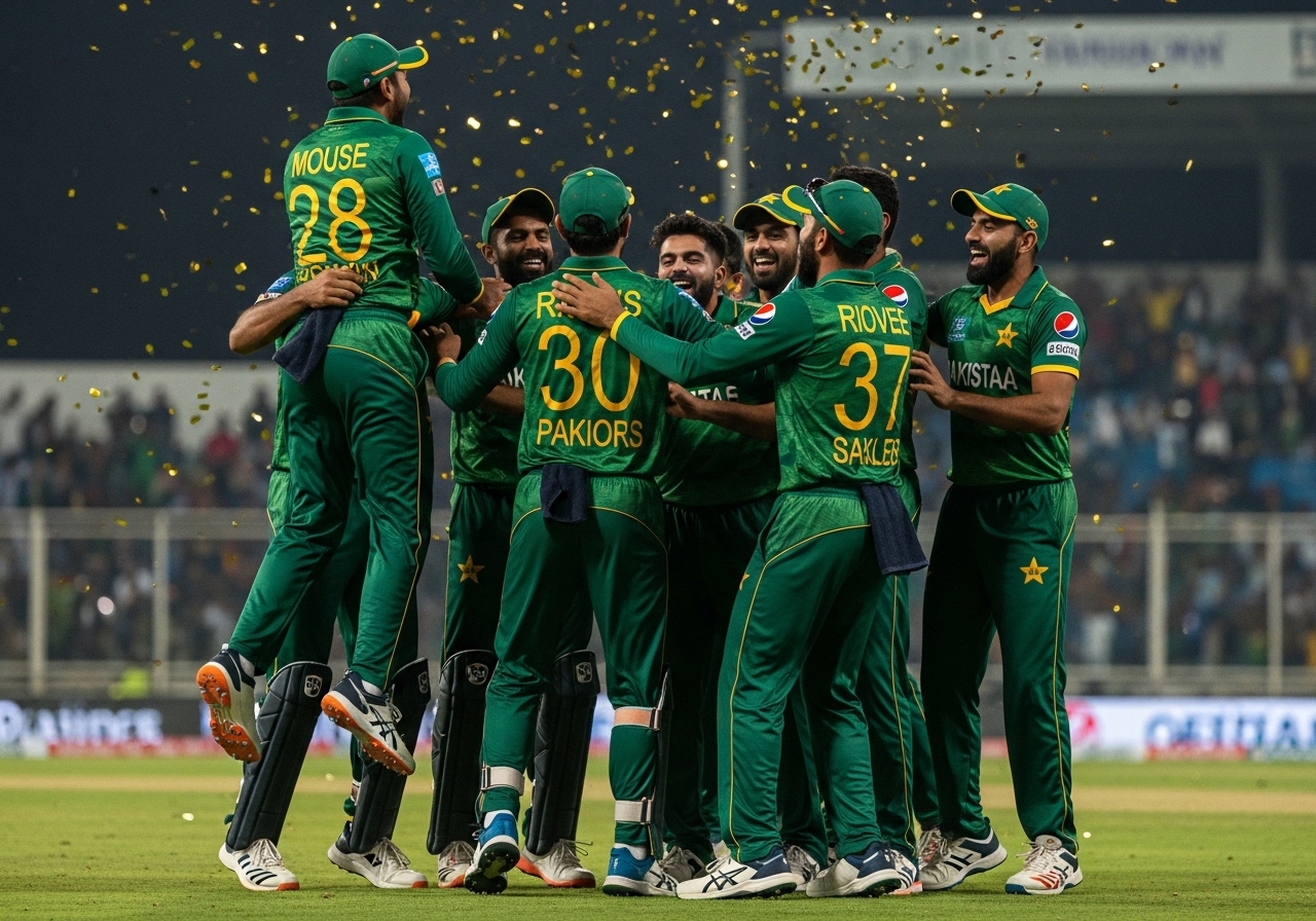 cricket team celebrating win in stadium