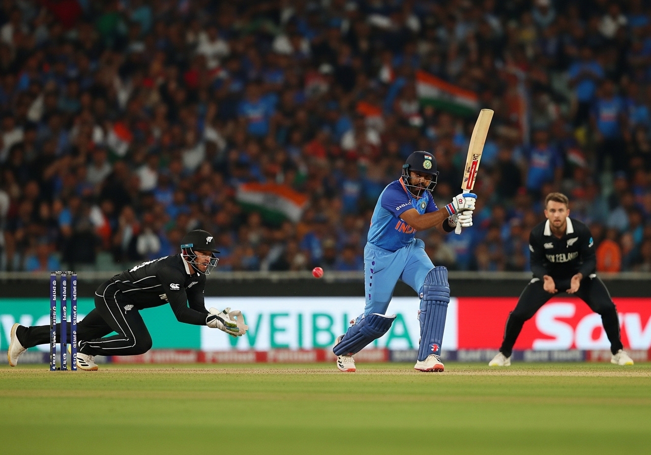 Indian batsman playing a powerful cover drive against New Zealand during the ICC T20 World Cup final with New Zealand fielders and a packed stadium crowd