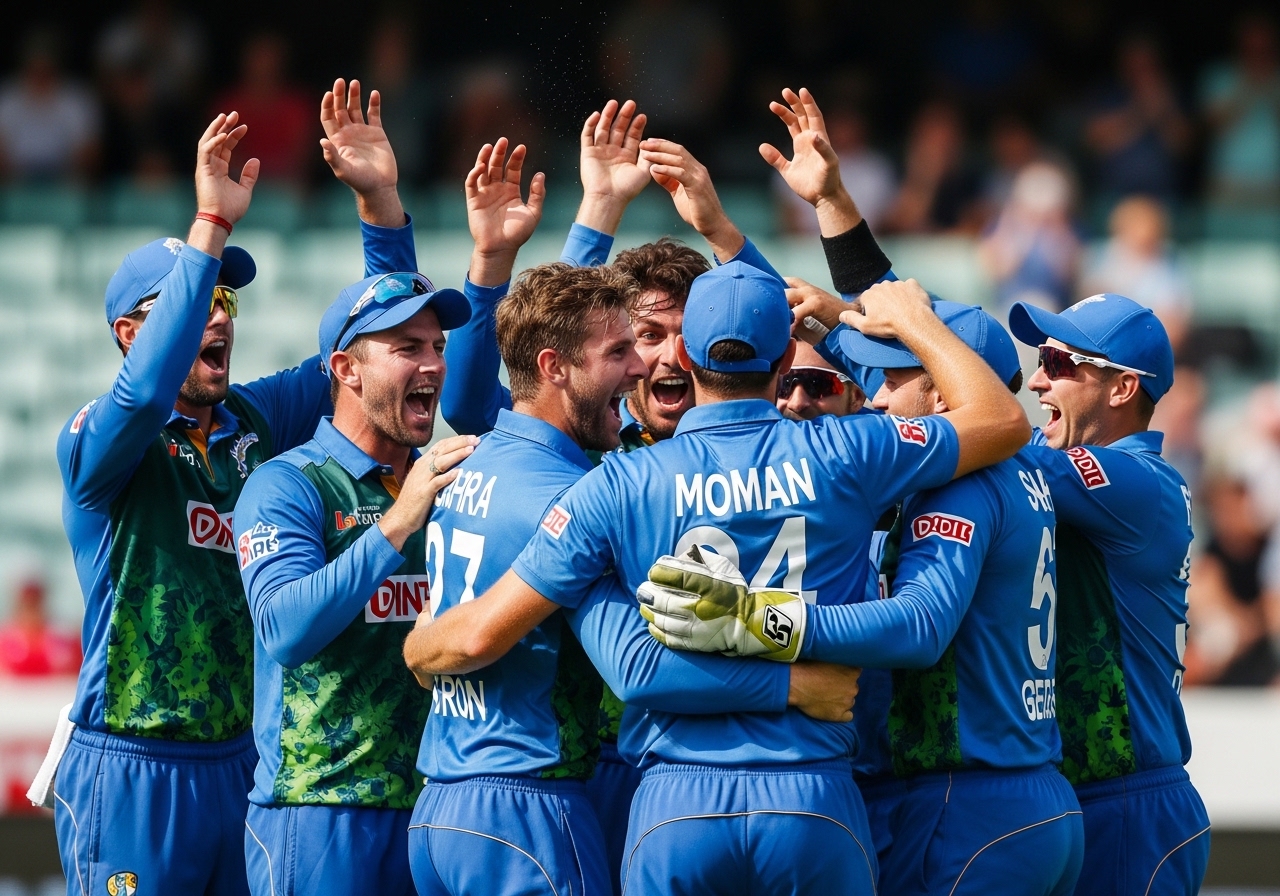 cricket players celebrating wicket, high energy, team excitement