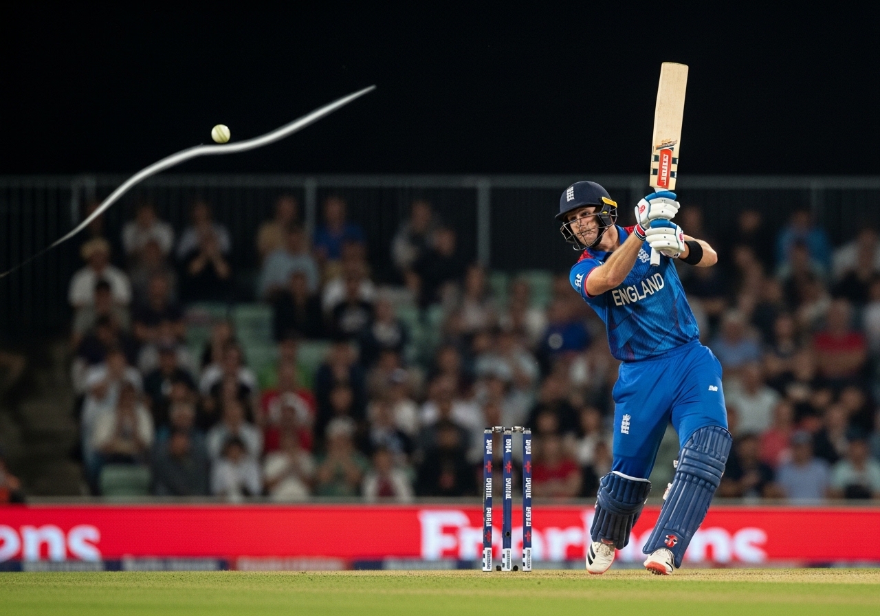 England batsman hitting a big six against Pakistan in a T20 cricket match.