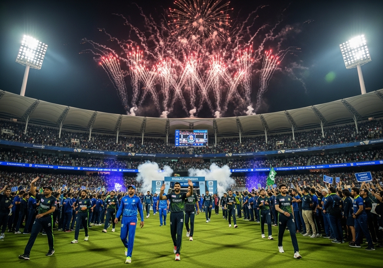 PSL opening ceremony with fireworks and fans celebrating in a packed stadium.