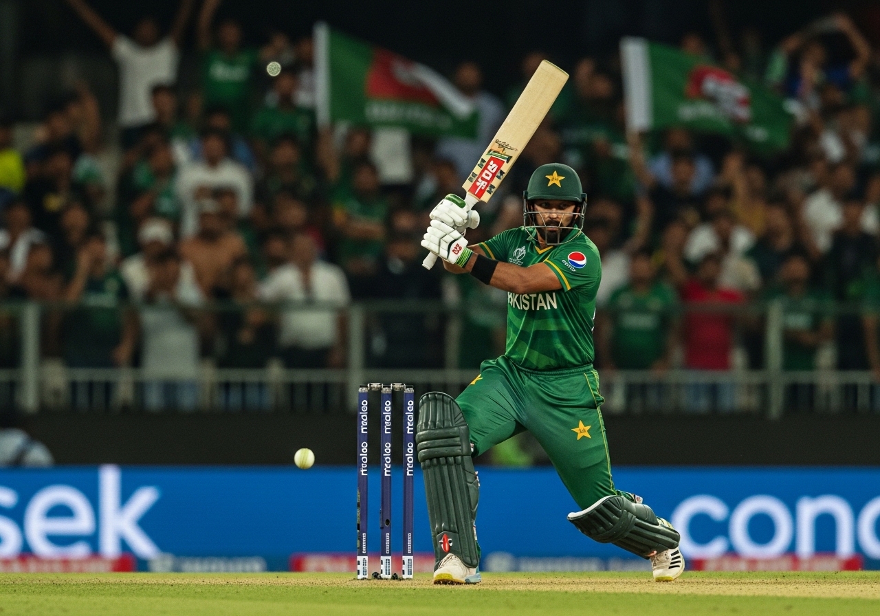 Pakistan batsman playing aggressive shot in T20 World Cup match