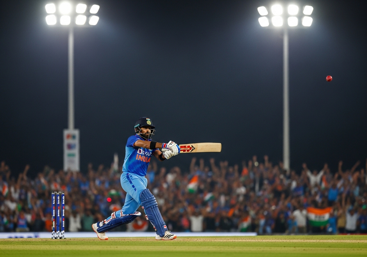 cricket batsman in blue jersey hitting six, ball flying, stadium lights