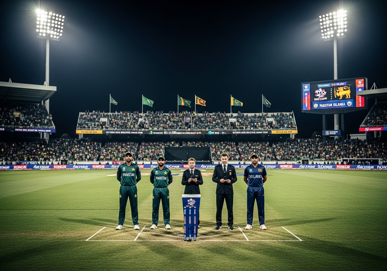 Pakistan vs Sri Lanka T20 World Cup captains toss scene in packed cricket stadium