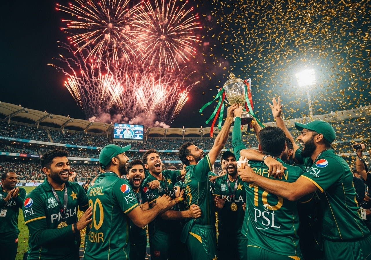 PSL players celebrating victory with fireworks and cheering fans