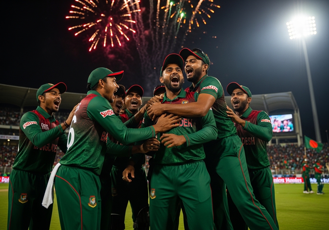 Bangladesh team celebrating victory against Pakistan