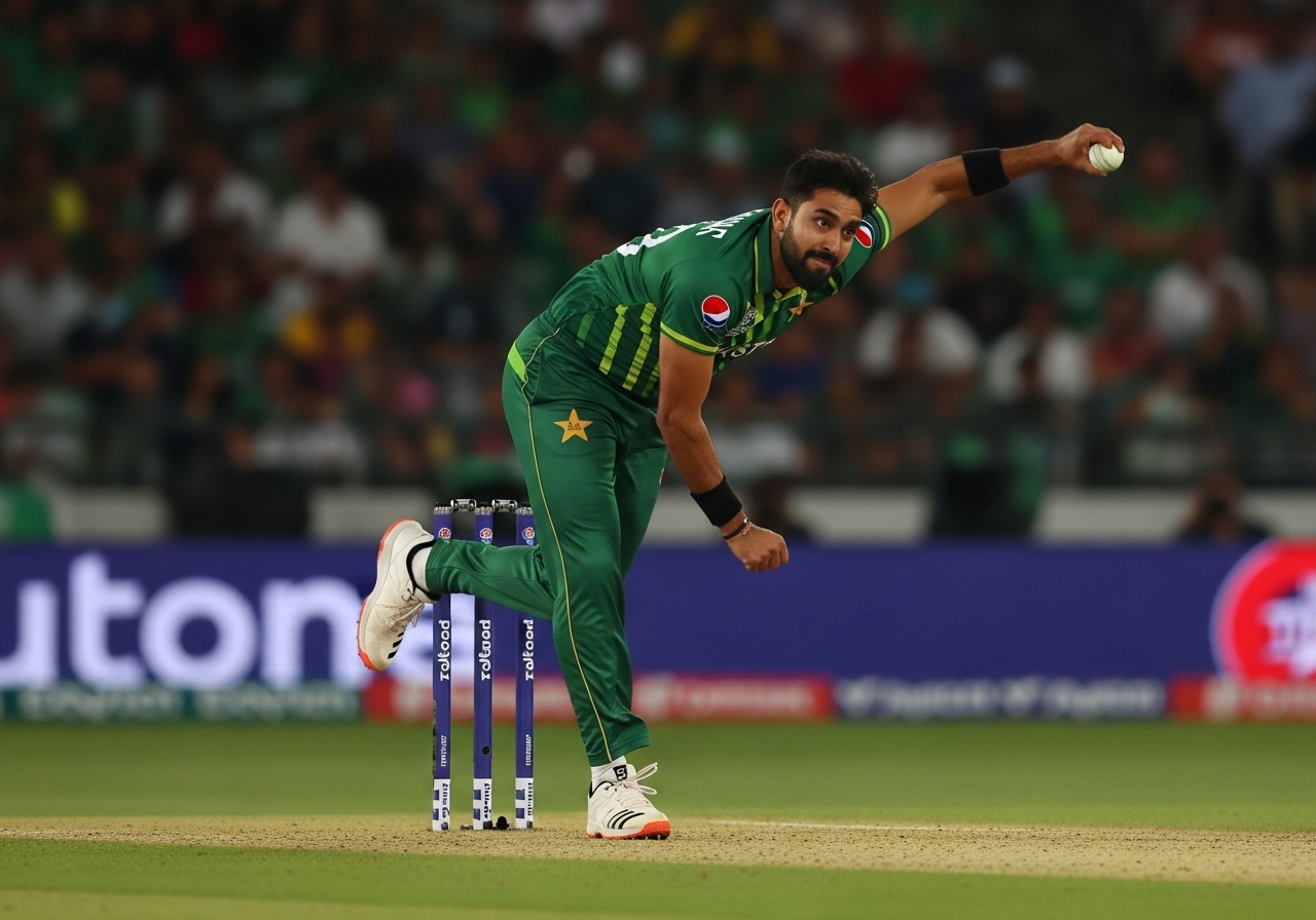 Pakistan fast bowler delivering fast ball in T20 World Cup