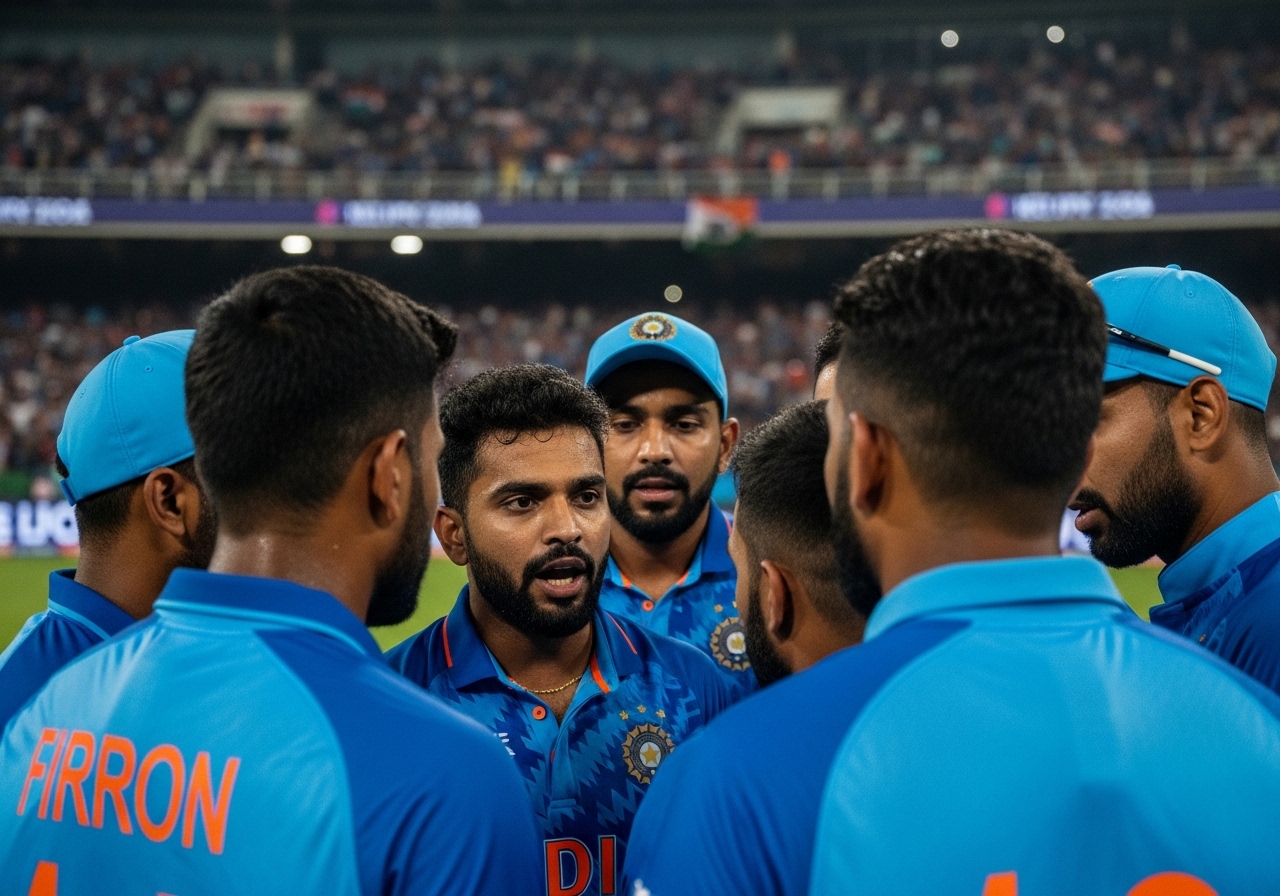 India cricket team players in a group huddle motivating each other during an ICC T20 World Cup 2026 match under bright stadium lights