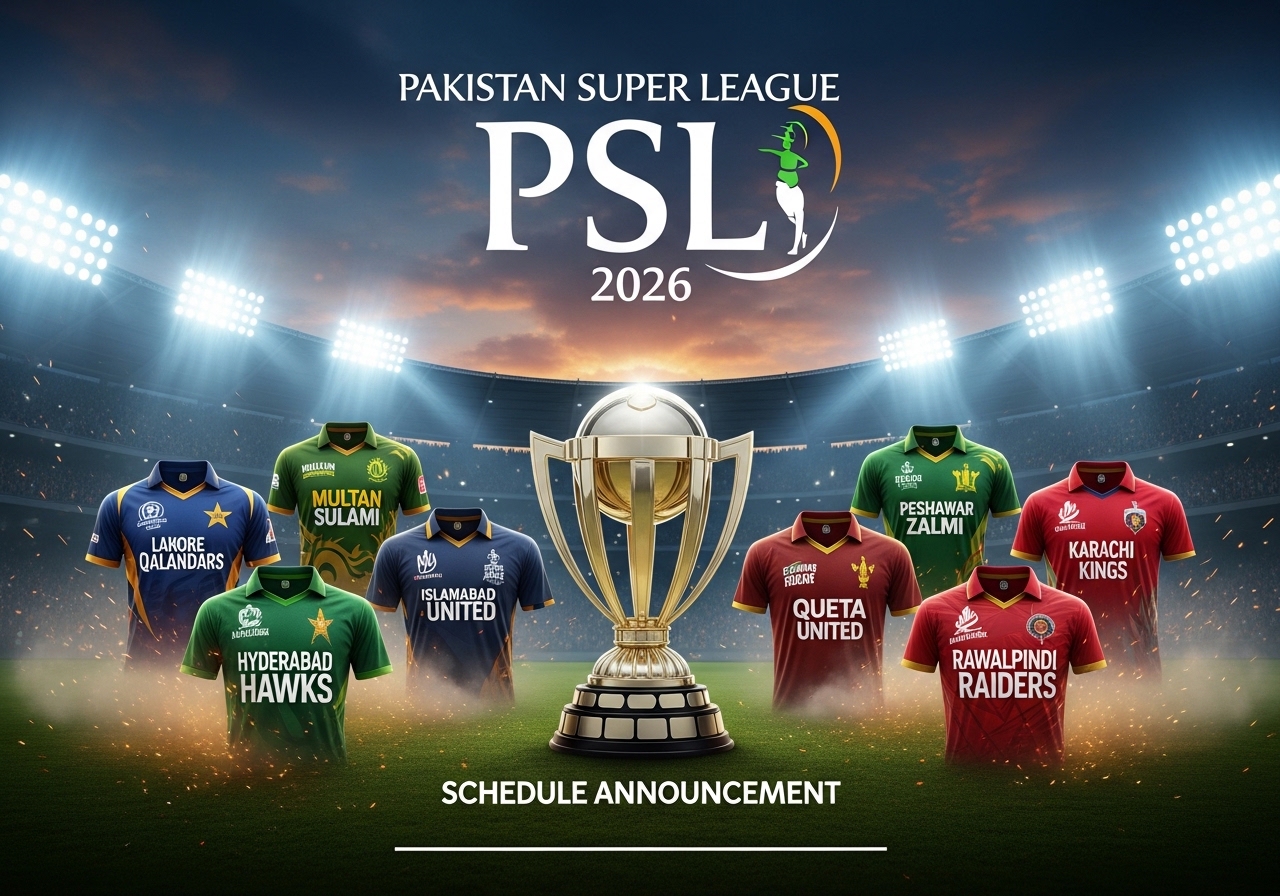 PSL trophy displayed in a cricket stadium before the start of the Pakistan Super League season.
