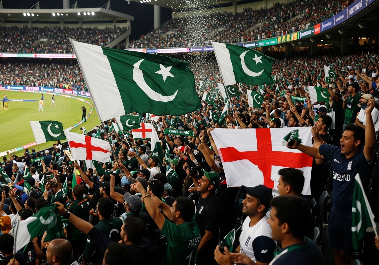 Cricket fans from Pakistan and England cheering together in a packed stadium.
