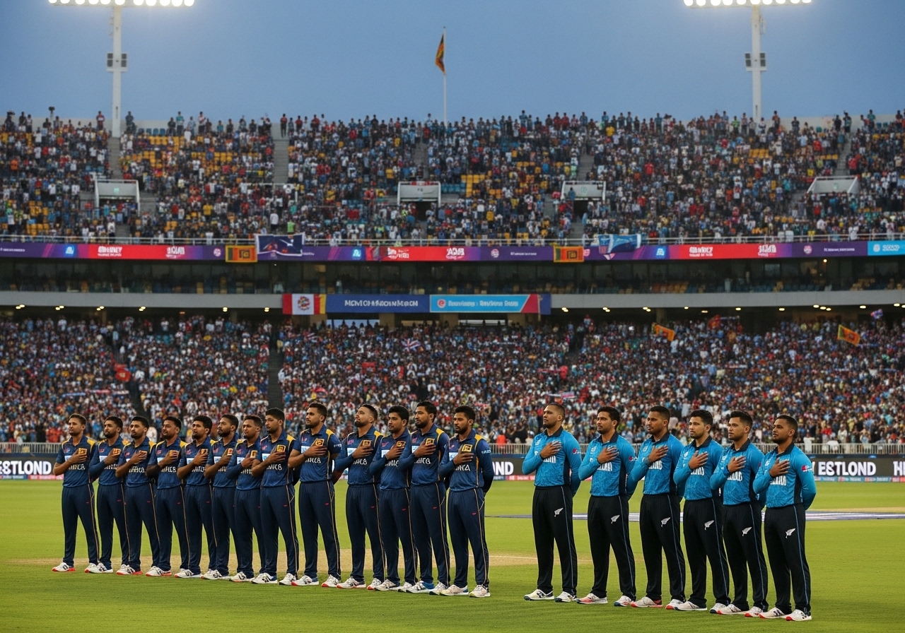 Sri Lanka and New Zealand players during national anthem at T20 World Cup match.