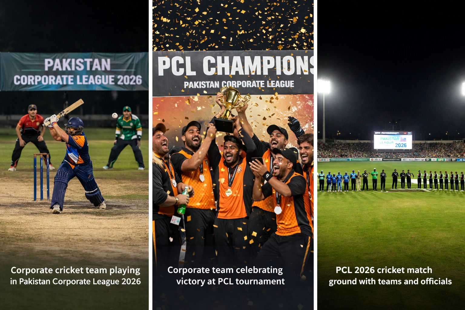 PCL 2026 cricket match ground with corporate teams and officials during tournament