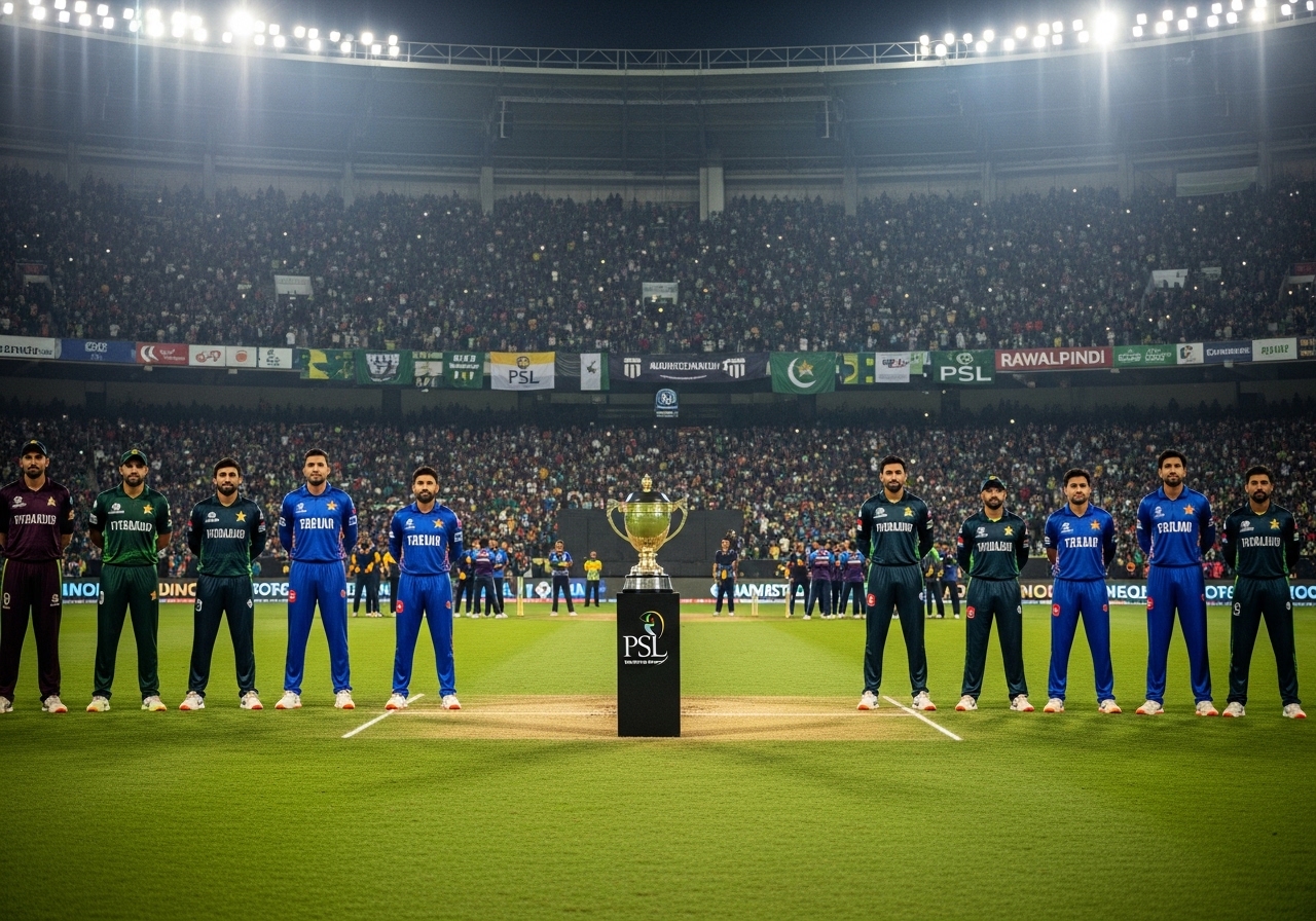 PSL 2026 schedule announcement with PSL trophy and players from all teams including Hyderabad and Rawalpindi in a stadium
