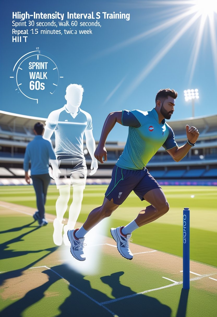 A cricketer performing high-intensity interval sprints on a grass track to build stamina for running between the wickets.
