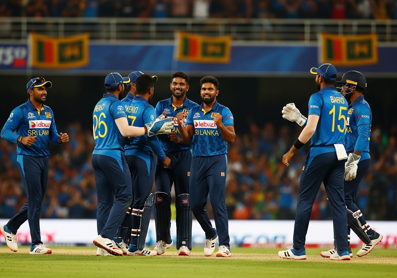 Sri Lanka cricket team celebrating wicket in T20 World Cup game