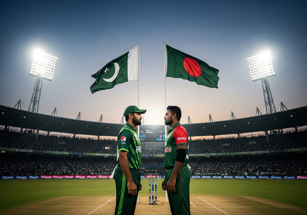 Players from the Pakistan national cricket team and Bangladesh national cricket team facing each other on a cricket pitch in a stadium with Pakistan and Bangladesh flags above.