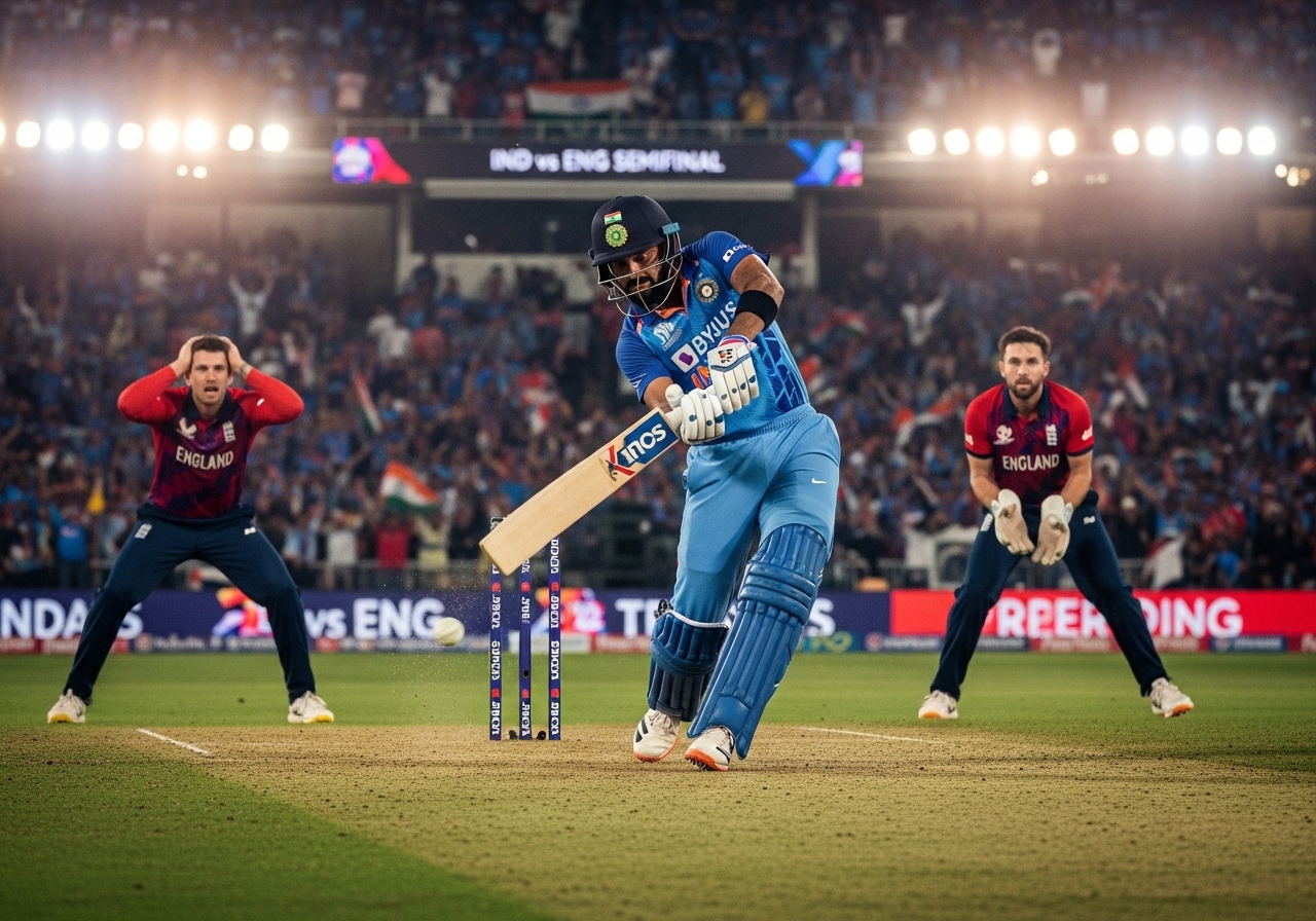 Indian batsman hitting a boundary against England during the ICC T20 World Cup semifinal under bright stadium lights with England fielders reacting