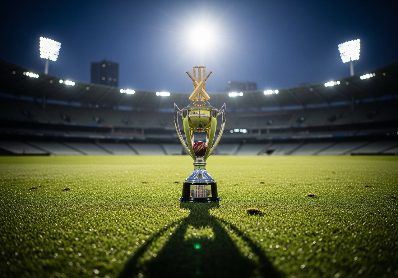 T20 league trophy under stadium lights