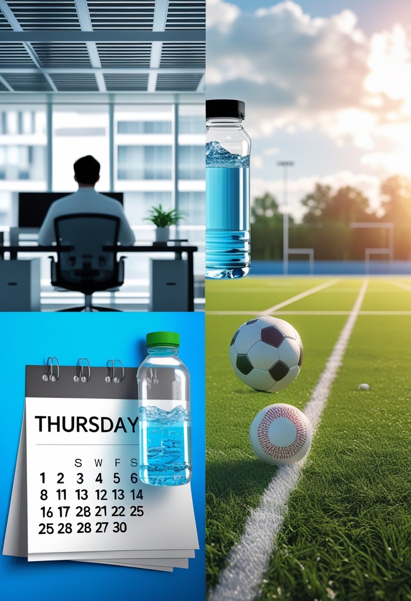 Cricket hydration kit featuring water bottle and electrolytes on a sun-drenched cricket ground to prevent muscle cramps.