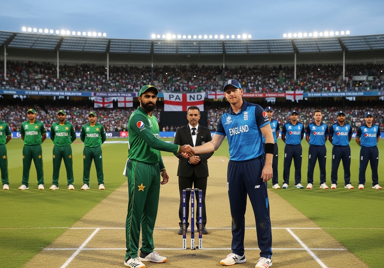 Pakistan and England cricket captains during the toss before a T20 international match.