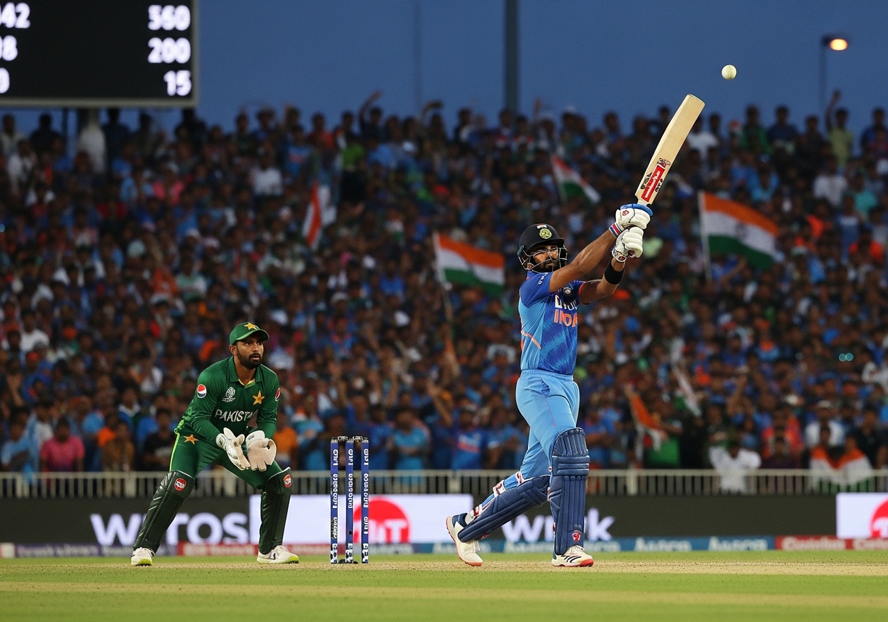 Indian batsman hitting a powerful six against Pakistan during an ICC T20 World Cup match with the Pakistani bowler watching and a packed stadium crowd in the background
